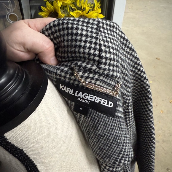 Karl Lagerfeld Black/ White Houndstooth tweed & leather coat Jacket size medium - Picture 6 of 6